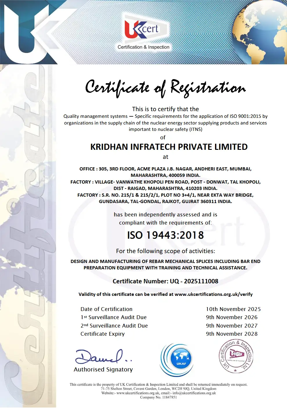 ISO 19443:2018 Certificate